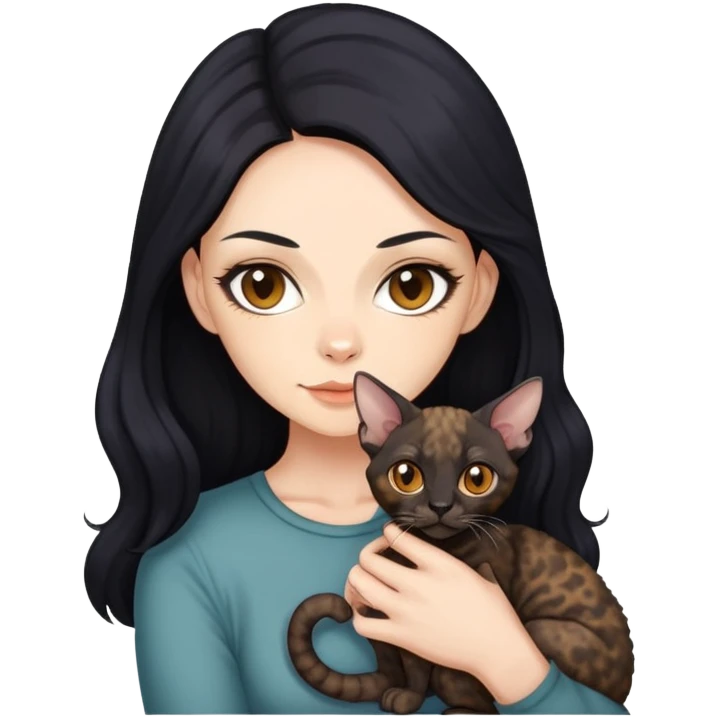 黑色长发女和山猫色德文卷毛猫 emoji