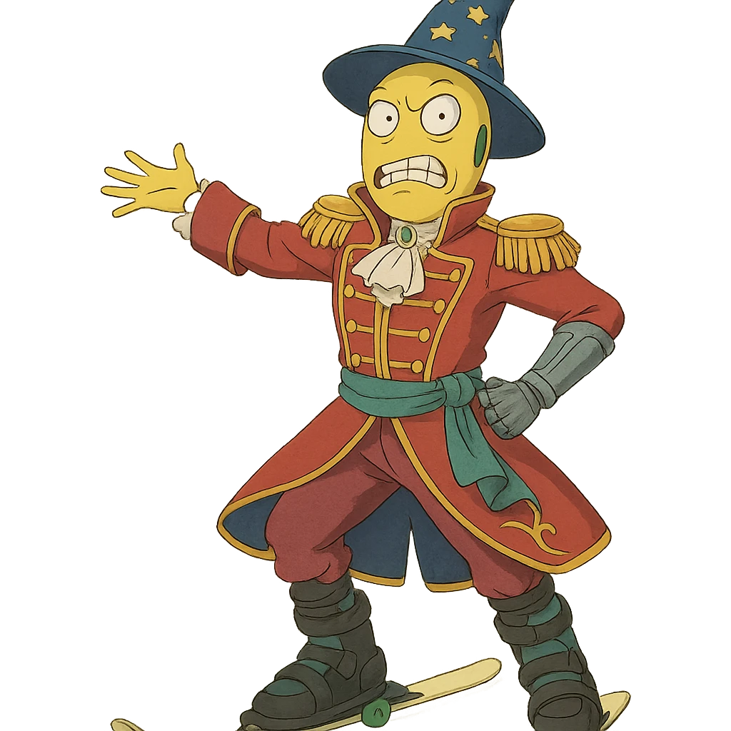 ghibli style yellow guy showing off his fabulous outfit combining prince, alien, terminator, skater, skiier, and wizard elements, making a weird face, stylish and fabulous emoji