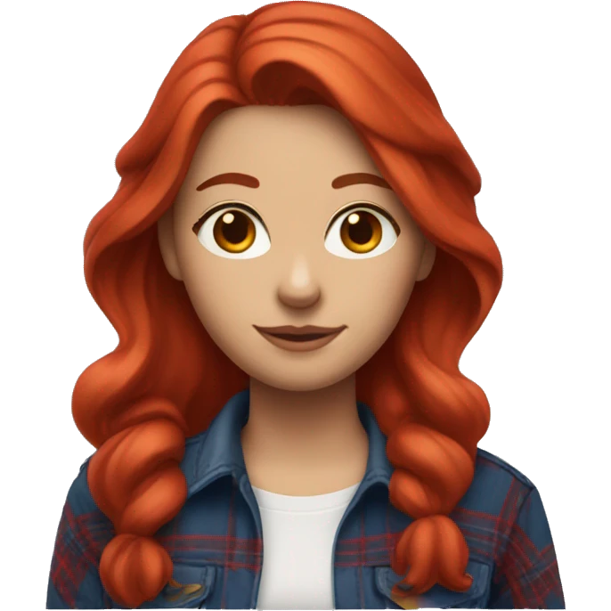 Ruby Red haired woman wearing a red flannel shirt and blue jeans emoji