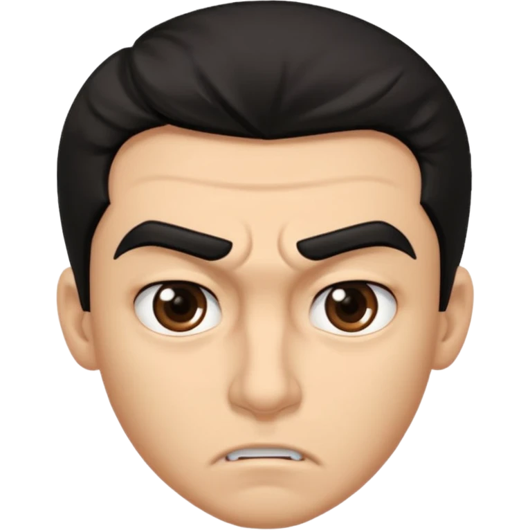 emoji de un joven, con cejas gruesas que parece enojado, nariz medio grande, hombros anchos, sin sonrisa, hombros anchos, cabello medio ondulado con un corte juvenil, cabello negro. ojos negros. emoji
