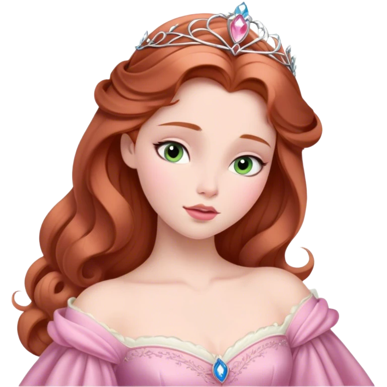 Cinematic Elegant Sleeping Beauty Portrait Emoji, rendered in a realistic, vector-style with minimal shading and bold, simplified shapes. Depict Aurora (Sleeping Beauty) (chest and above) with delicate porcelain skin, soft auburn hair styled gracefully, and gentle, dreamy eyes, dressed in her classic pink gown. The image glows with a soft, enchanting radiance and high shine, capturing timeless regal beauty. emoji