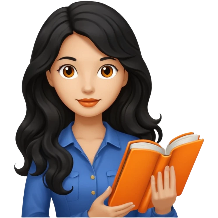 Long Hair Women with orrange Book, Black wavy hair emoji