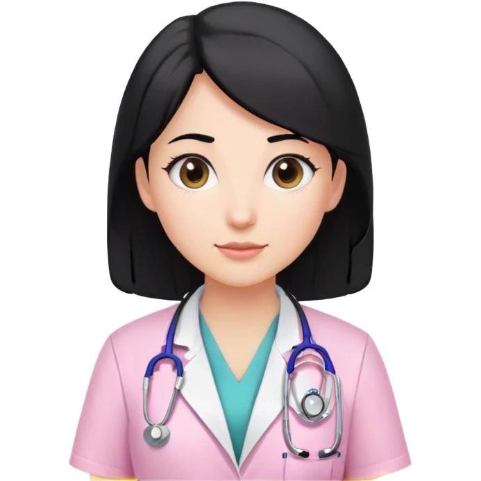 A female doctor with black hair wearing white lab coat over pink scrubs and stethoscope  emoji