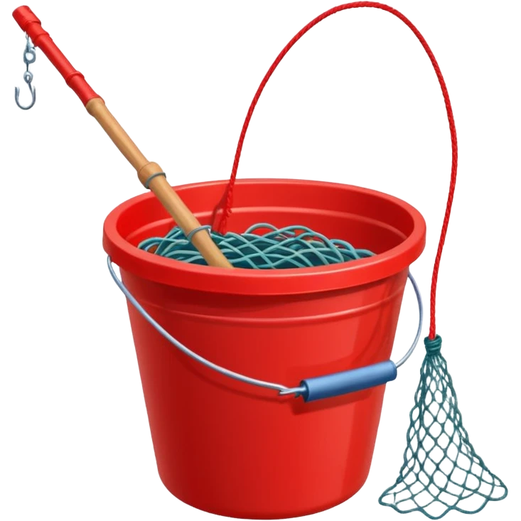 A small red bucket with a fishing net leaning against it.
 emoji