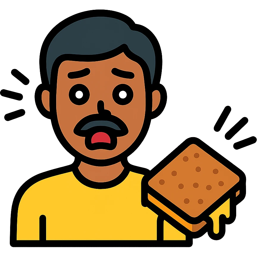 A South Asian man with a mustache, looking shocked as a grilled cheese sandwich falls to the floor, simple bold illustration emoji