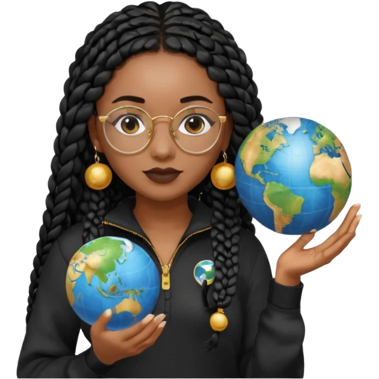 a young woman wearing fine gold round glasses and black hair in several box braids, no earrings, she has light black skin, and she's wearing a white shirt with a black quarterzip sweater. She's holding a globe in one hand emoji
