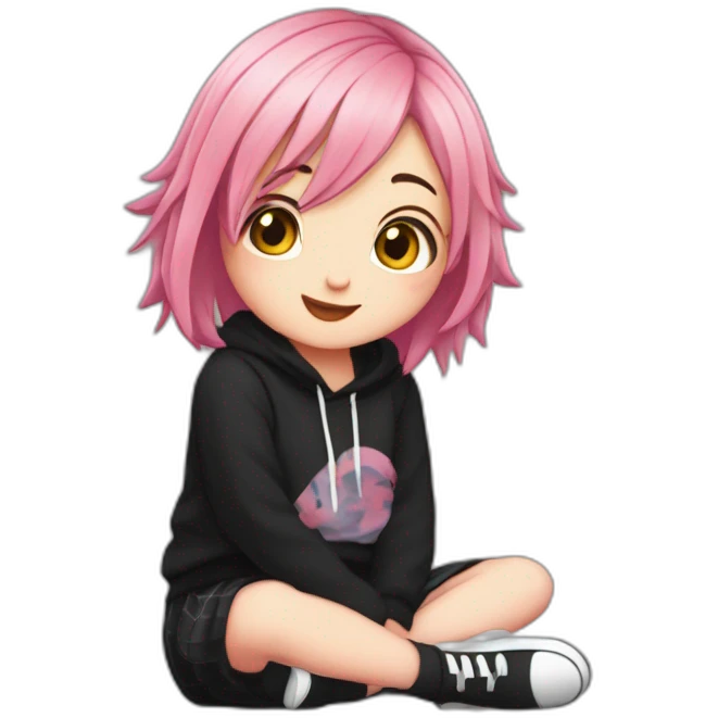 Full body Front view curvy emo girl pink hair sits on the floor straight view hands up black skirt белые трусики рваные полосатые чулки emoji