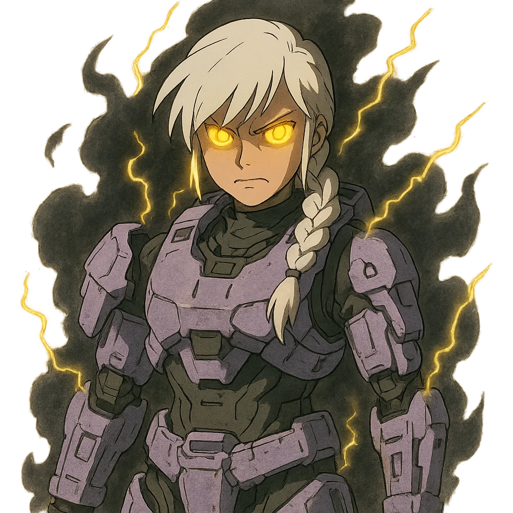 female, wearing reach spartan armor shoulder-unequip, long white braid hair with massive messy front side single bangs, gold yellow eyes, attention pose, D-cup size, HALO:series, no helmet, the armor is lavender color scheme, eyes glowing, demon eye, gleam, rage aura, body steaming dark gray, gold electricity, mouth clowed scowling emoji