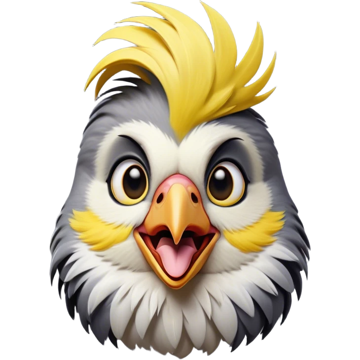 Cinematic Comical Cockatiel Portrait Emoji, Head tilted dramatically with an exaggeratedly amused expression, featuring a striking grey fur with bold yellow accents and a flamboyant crest, wide, expressive dark eyes filled with playful disbelief, Simplified yet hilariously expressive features, highly detailed, glowing with a slightly sassy glow, high shine, dramatic yet playful, stylized with an air of cheeky mischief, bright and endearing, soft glowing outline, capturing the essence of a spirited and over-the-top cockatiel, so meme-worthy it feels like it could side-eye its way into internet fame instantly! emoji
