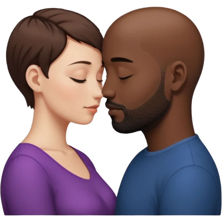 a white woman with short brown hair and a black man with no hair and a beard are facing one each other and their forehead are touching. They close their eyes and their are in love emoji