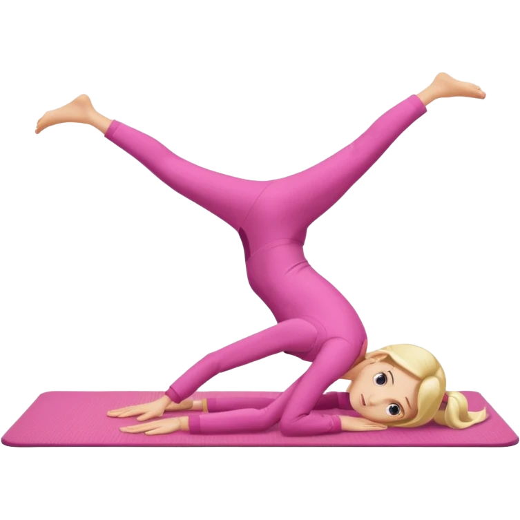 A fair-haired girl in a pink suit does a back bridge on a mat. two legs and a bridge to the other side emoji