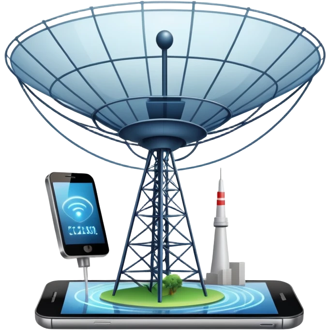 An icon featuring a satellite dish, a cell tower emitting signals, and a smartphone displaying a chat interface. The design includes fiber-optic cables and data waves, symbolizing global communication, connectivity, and information exchange. Transparent background. emoji