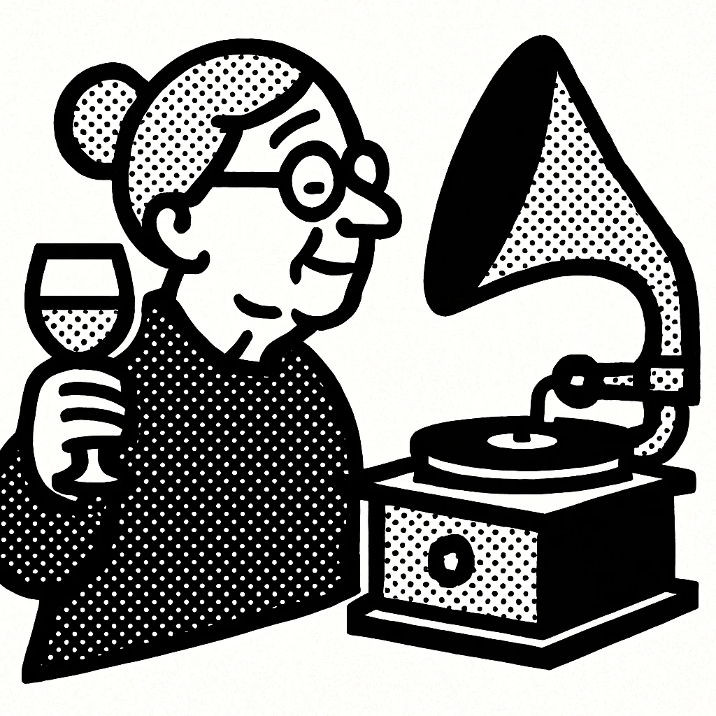 old lady with wineglass listening to gramophone emoji