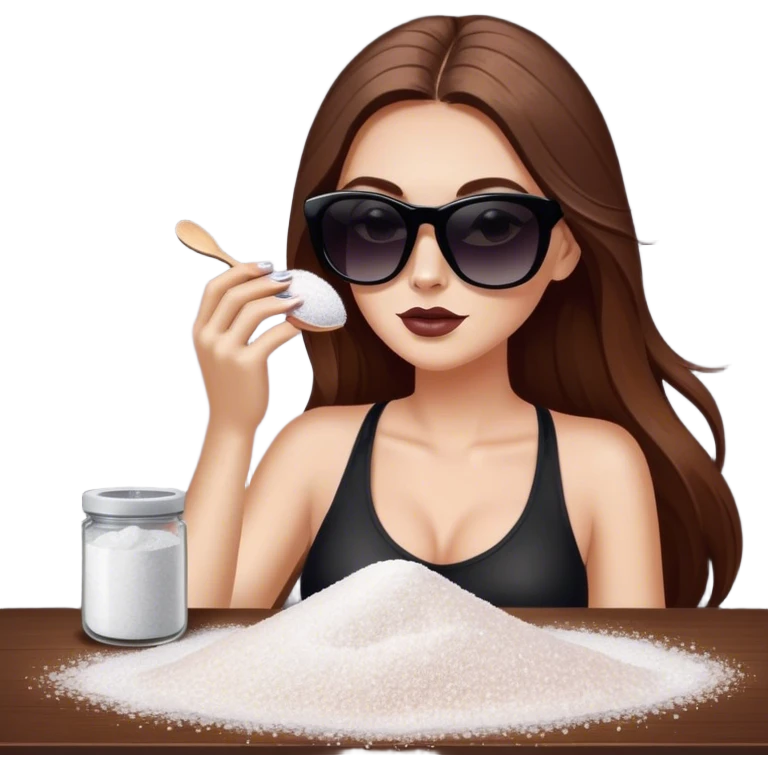 White woman with long brown hair and dark sunglasses sprinkling table salt on top of makeup emoji