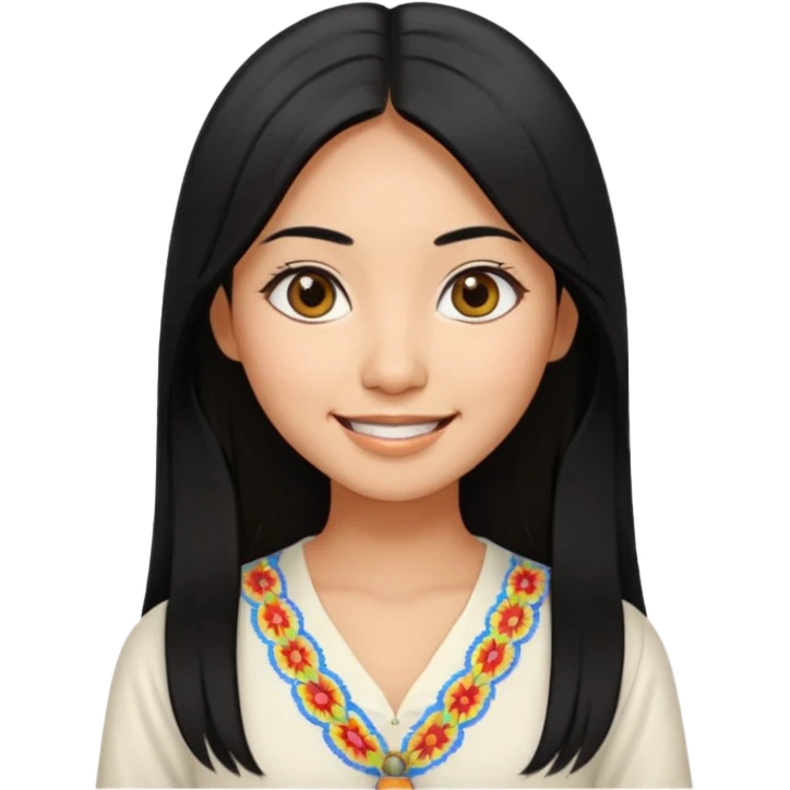 30 yr old asian woman center parted hair big eyes big smile tanned skin straight black hair hippie part hair white blouse emoji