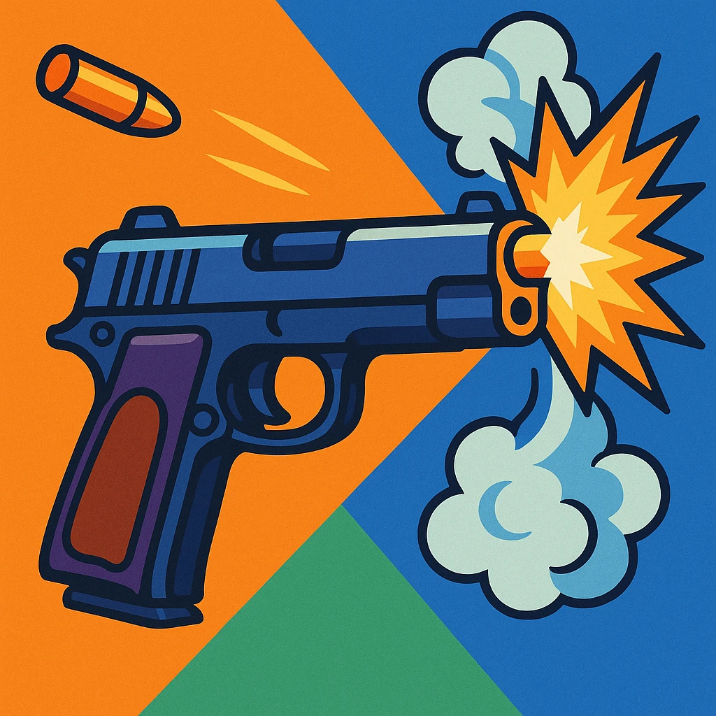 a realistic handgun firing a bullet, with muzzle flash and smoke coming out of the barrel, vibrant toon style emoji