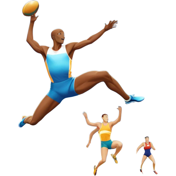 An icon showcasing  a sprinter in full speed, a high jumper soaring over the bar, a long jumper taking off, and a discus thrower in motion. The background features a vibrant stadium with cheering crowds, bright lights, and a clear sky.  emoji