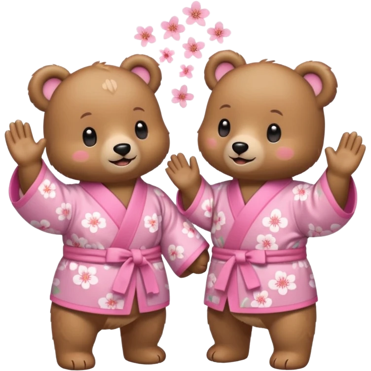 Two cute light-brown bears wearing pastel pink sakura-patterned kimonos, normal balanced body ratio.  
Facing each other and giving a joyful high-five with happy smiling faces and small spark effects.  
Kawaii emoji style, minimalistic clean sticker illustration, white background. emoji