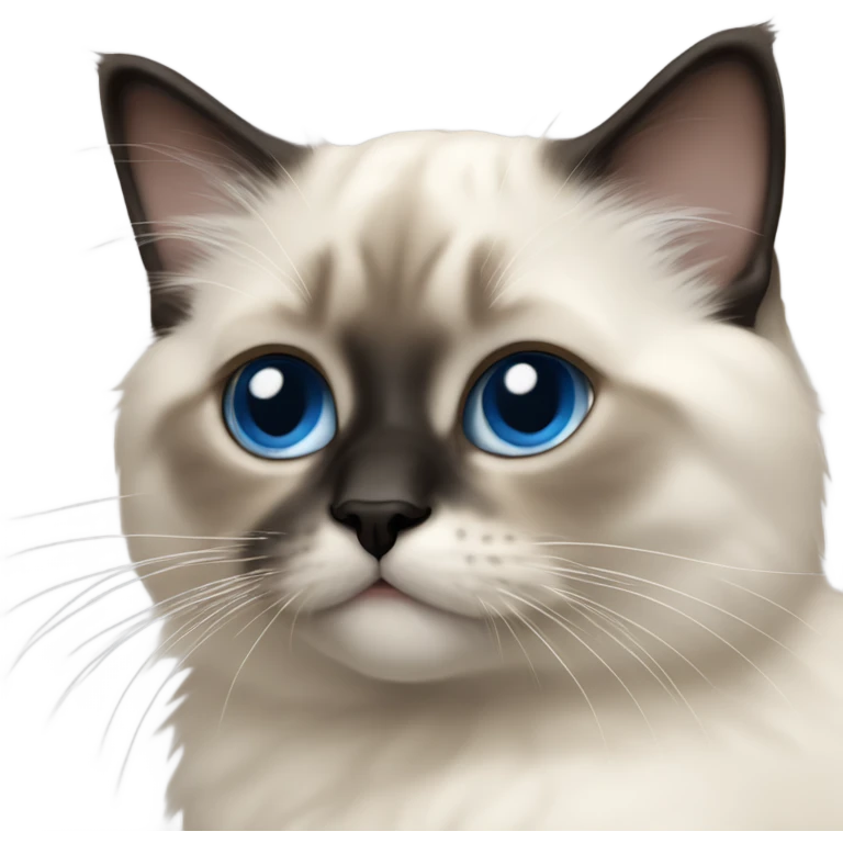 an entire birman kitten, small face, some spots of dark on the ears and middle of the face, blue eyes, laying down relaxed on a shoulder. emoji