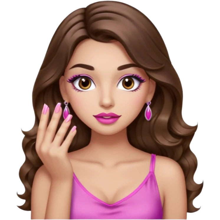 girl with long wavy brown hair, brown eyes, light to medium complexion, in a pink sexy top, pink lips, long lashes, puckered lips, showing my manicure emoji