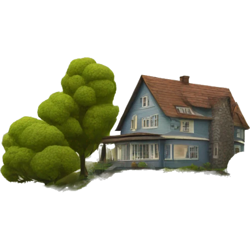 House next to a lake with trees on the banks in a realist style  emoji