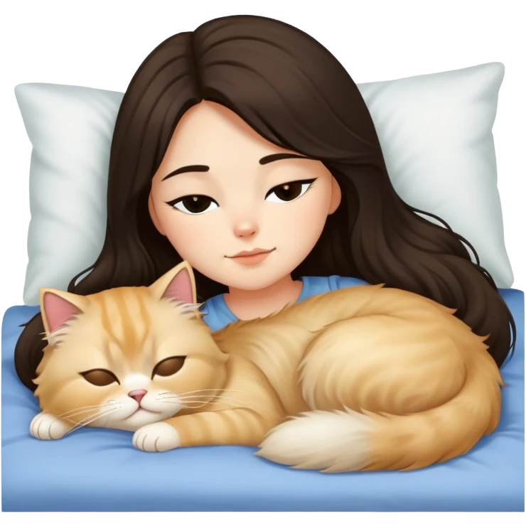 pretty girl with dark long hair sleeping with blonde fluffy  persian cat in bed emoji