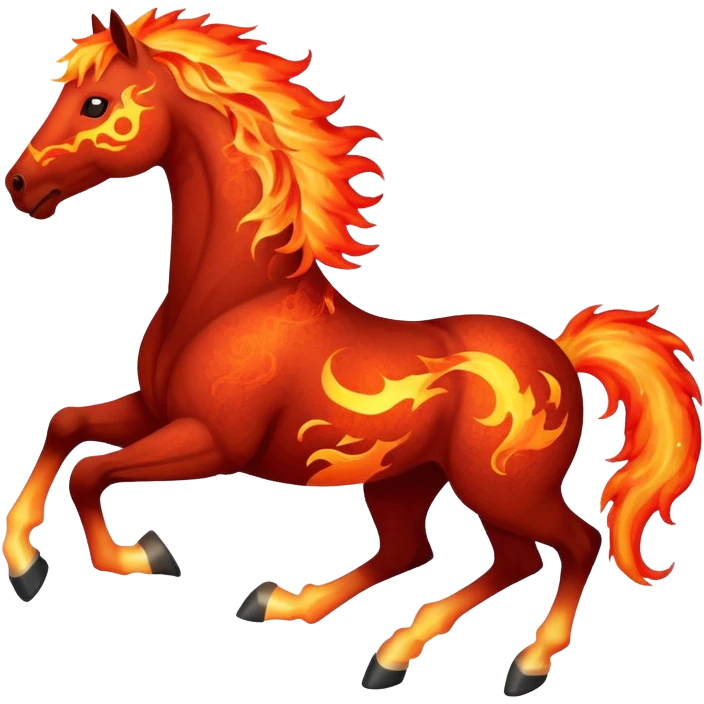 Red fast fire horse made of embers, magma, visible lava, burning, with ash particles surrounding it. Horse galloping with a fiery mane and tail. emoji