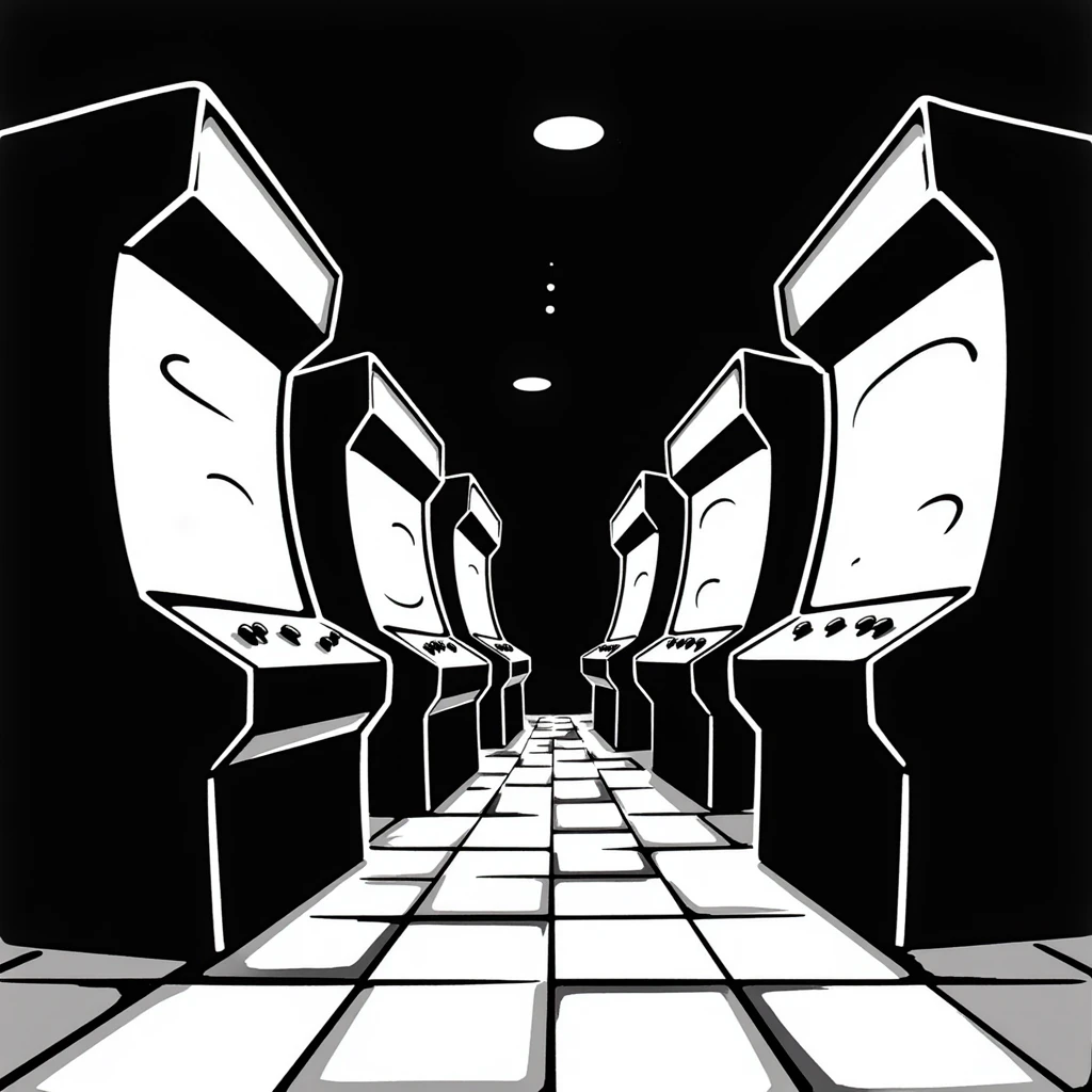 An 80s arcade with glowing machines and neon flooring emoji
