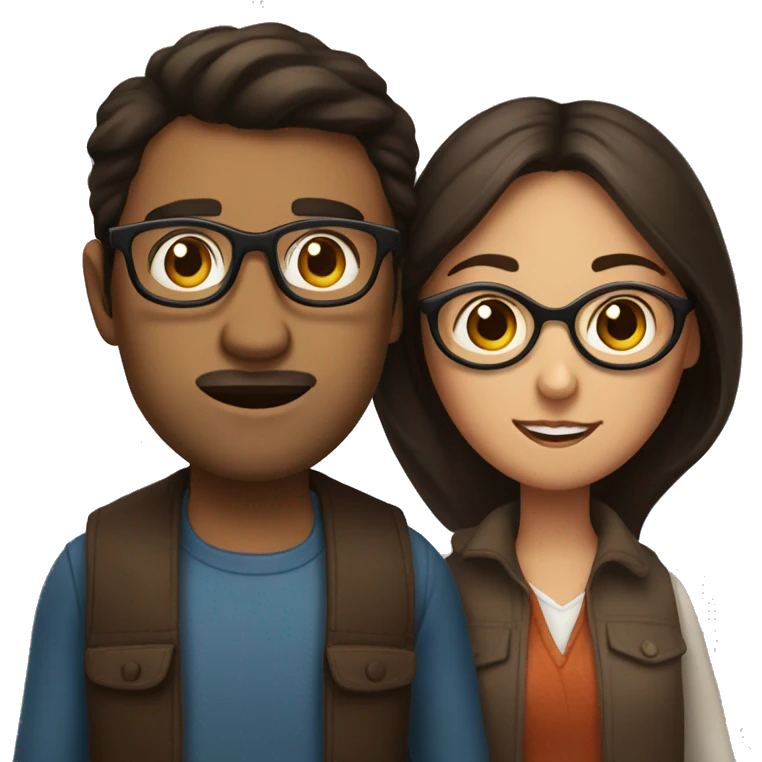 a dark-haired woman and a bespectacled brown-haired man holding her emoji