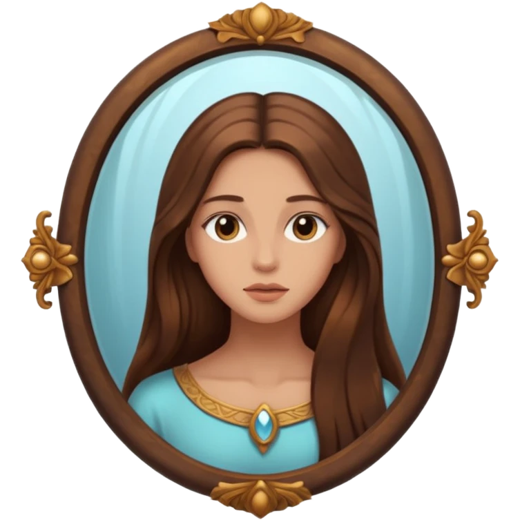 Woman facing ancient mirror, reflection slightly delayed and darker emoji