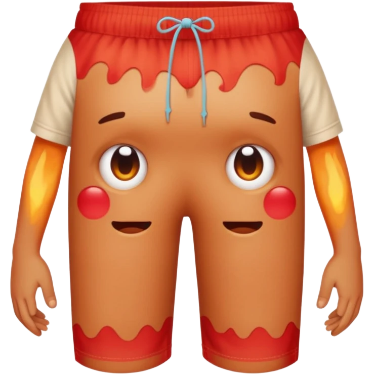 Emoji-style person in beach shorts, skin visibly sunburned and red on arms, legs, and face Expression shows mild pain or discomfort, cute rounded emoji desig emoji
