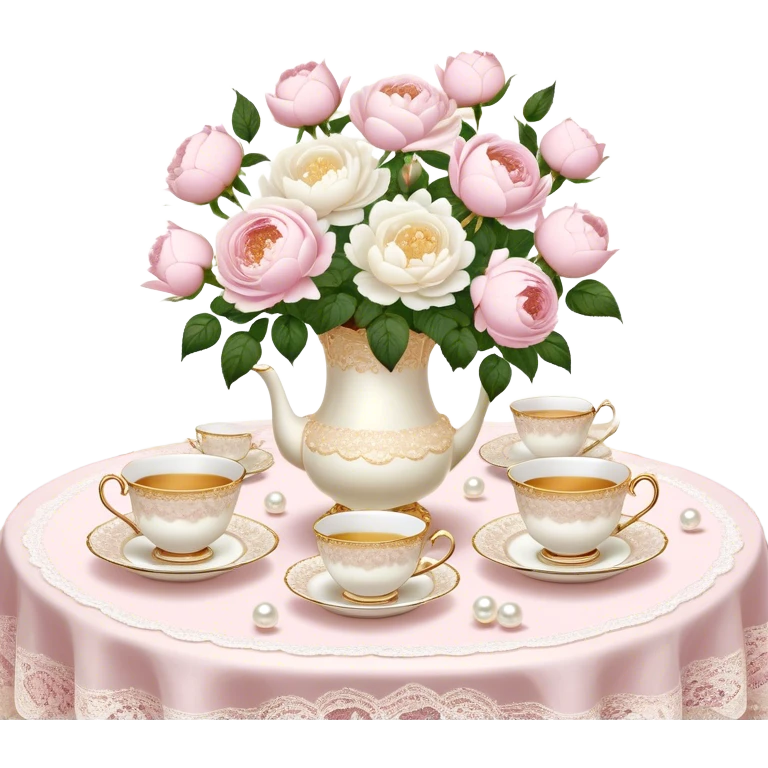 An enchanting garden tea party setting with a vintage lace tablecloth, golden-rimmed porcelain teacups, a centerpiece of light pink roses and white peonies in a pearl-trimmed vase, with delicate pearl butterflies flitting through the soft sunlight.
 emoji