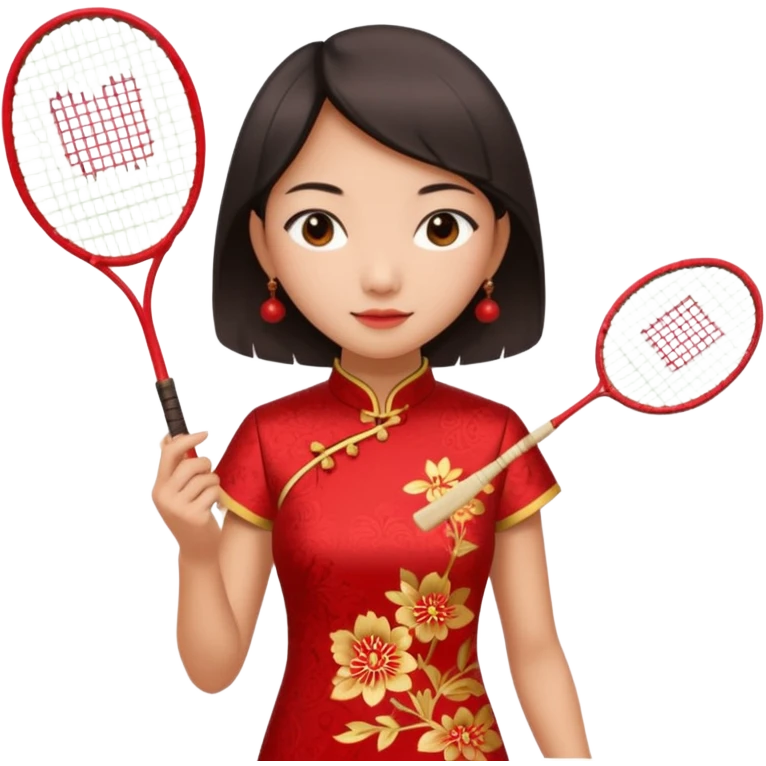 ancient cheongsam girl with 1 badminton racket, red emoji