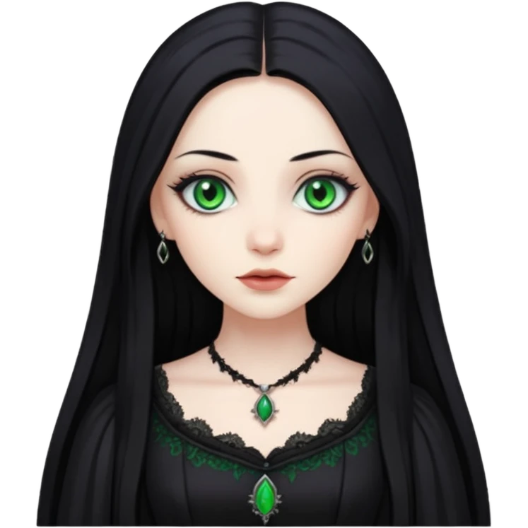 long black hair, green eyes, pale skin, a Gothic dress emoji