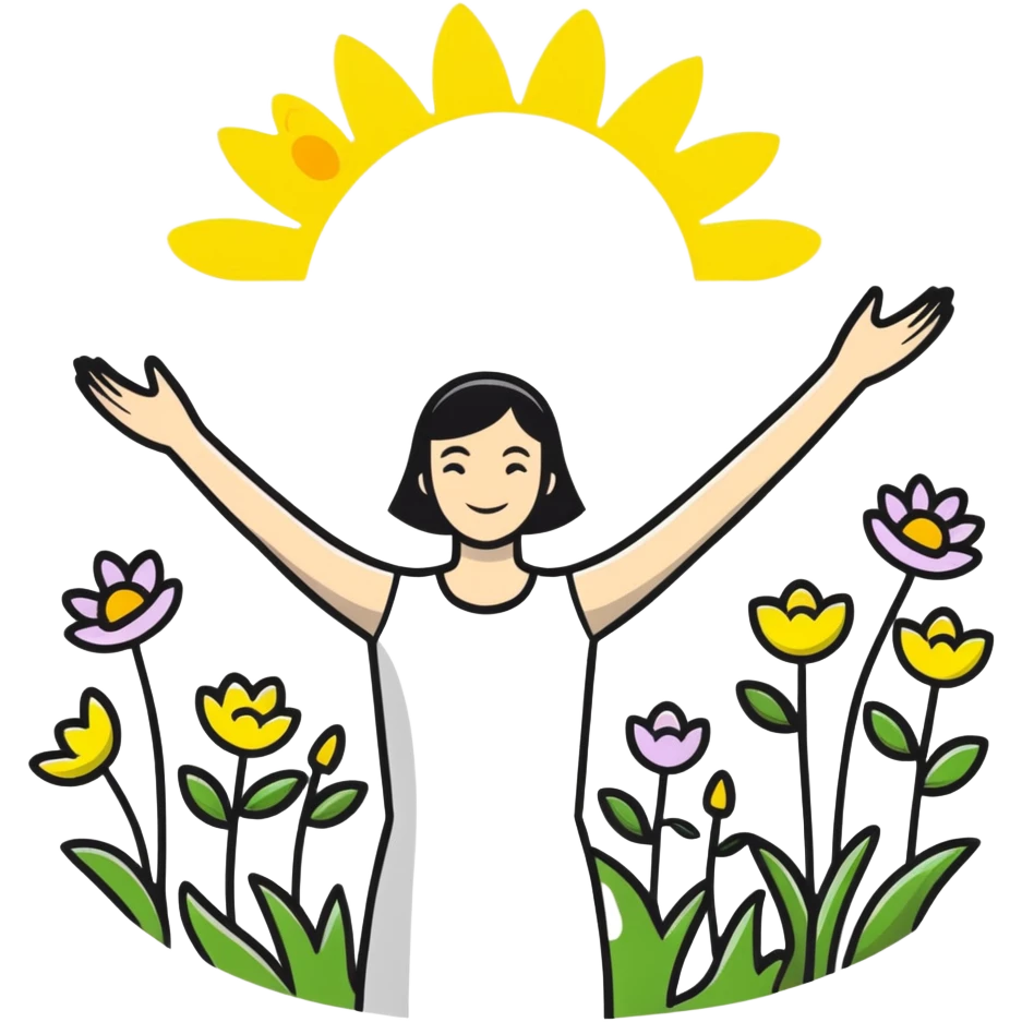 A joyful person with arms spread wide, surrounded by spring flowers and sunshine emoji