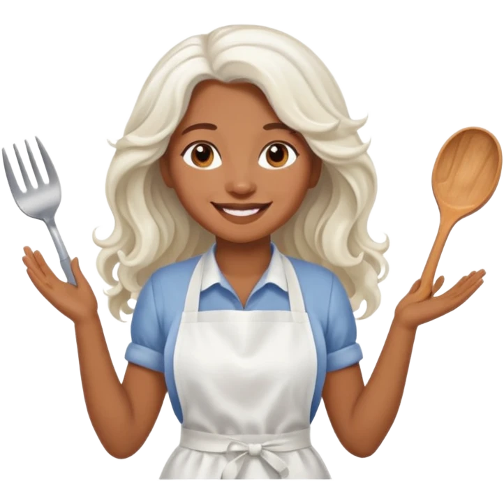 woman, brown skin, white long wavy hair, with apron emoji
