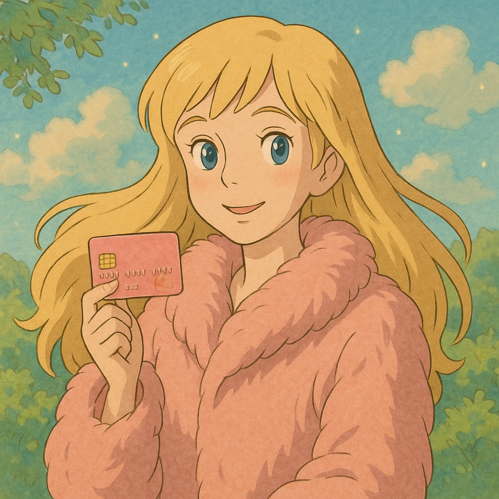 blonde girl with long hair, pink fur, holding a pink credit card, ghibli style emoji