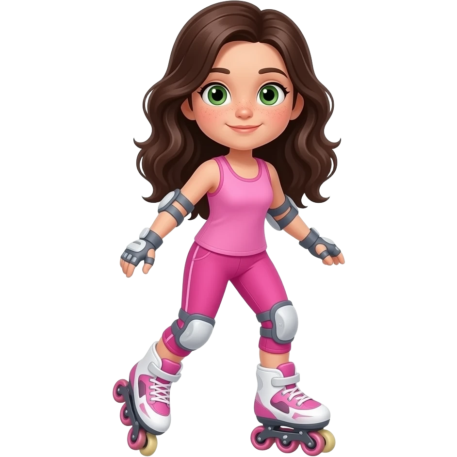 young girl in the style of iphone emoji people, fair skin, green eyes, freckles,long dark brown wavy hair, pink tank top and pink leggings, rollerblading emoji