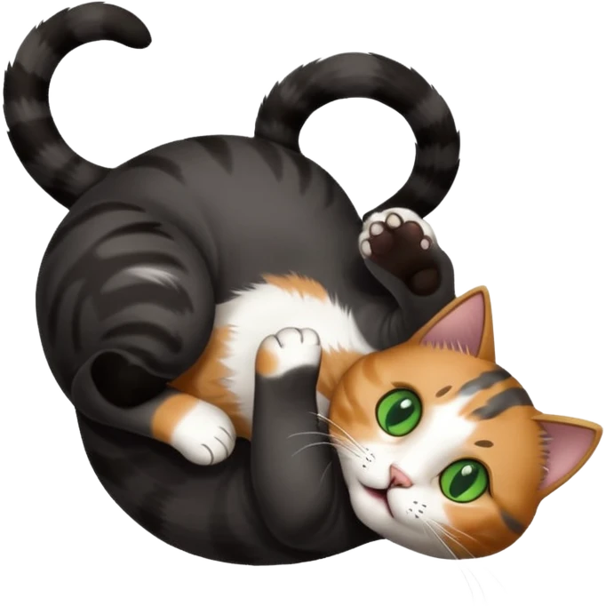 beautiful female solid dark grey cat with green eyes, white toes/paws and white patch on her chest playfully rolling upside down emoji
