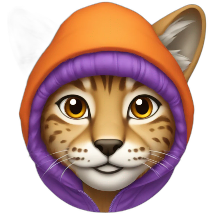Lynx in purple hoodie and orange winter cap emoji