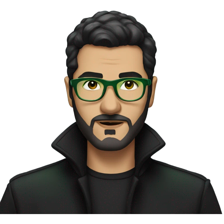 arabic looking man with black hair and small beard with green tinted glasses and black shirt and black trench coat emoji