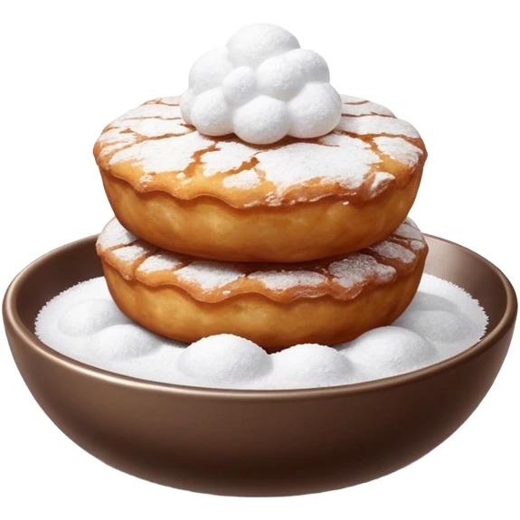 Buñuelo Cinematic Realistic Buñuelo Dessert Emoji, depicted as perfectly round, fluffy fritters served in a small bowl with a dusting of powdered sugar, rendered with vibrant textures and warm, inviting lighting. emoji