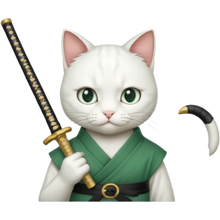 un gato blanco con reeferencia a roroa zoro "una espada en cada mano y una en la boca emoji