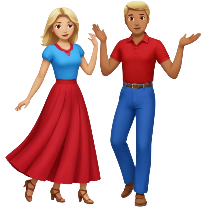 Two people dancing. Man in red shirt and  red pants with brown hair. Women in blue shirt and long skirt with blond hair. Dancing. emoji
