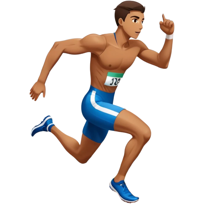 An icon symbolizing The background with track of a large stadium with cheering crowds, a digital timer, and a clear blue sky. professional running: a dynamic sprinting athlete in motion on a track, leaving motion lines behind. Transparent background emphasizes speed, endurance, and competition.  emoji