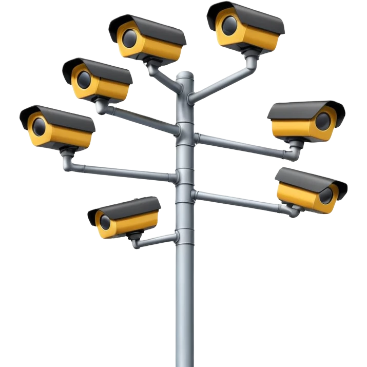Multiple CCTV cameras on a pole in black facing individual different directions  emoji