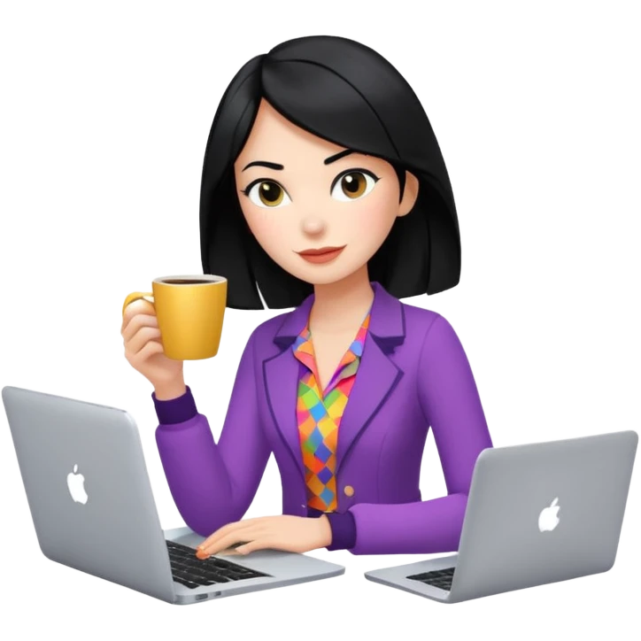  woman character with laptop and coffee in Paris, dollars coming out from the screen floating, colorful chic outfit, white laptop, Pixar style, black hair, fair skin,  emoji