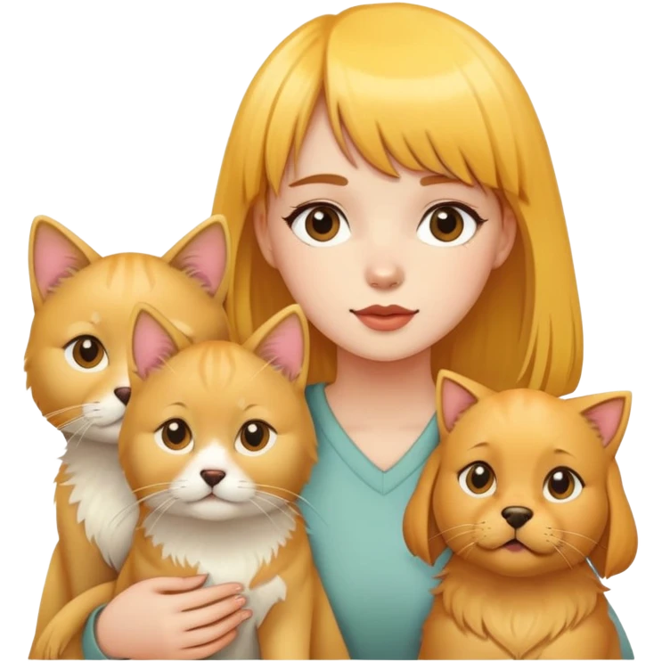 Girl with yellow bangs surrounded by golden retriever and three cats emoji