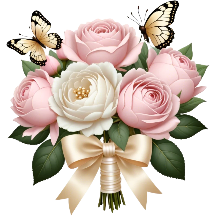 A vintage-inspired wedding bouquet of blush pink roses and fluffy white peonies, tied with an intricate ivory satin ribbon, surrounded by golden filigree accents and soft-focus pearl butterflies fluttering around. emoji