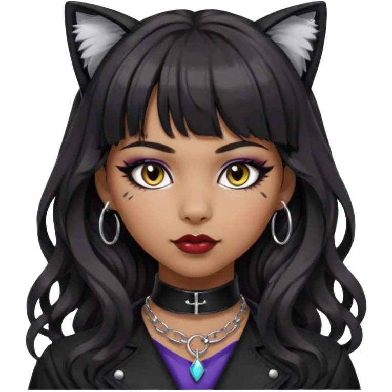 Keep the silver O-ring, bangs, bold makeup, medium Hispanic skin tone, long dark wavy hair, cat ears, and BDSM-inspired outfit. Remove any apple or bow. Maintain the apple emoji style with a transparent background. emoji